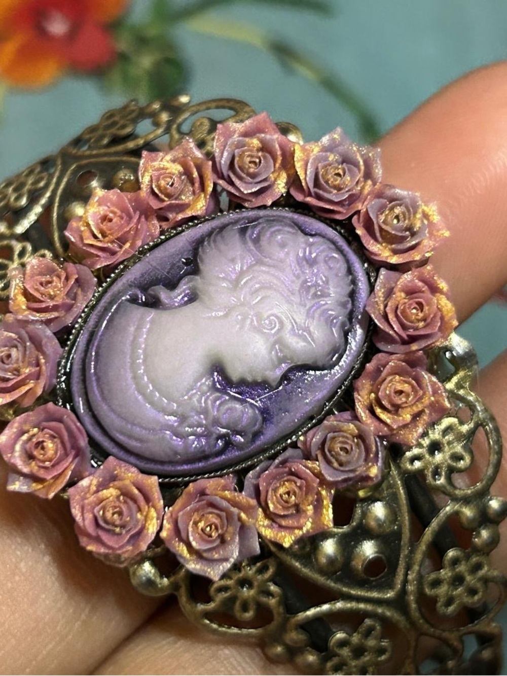Vintage-Inspired Purple Cameo Rose Brooch Necklace